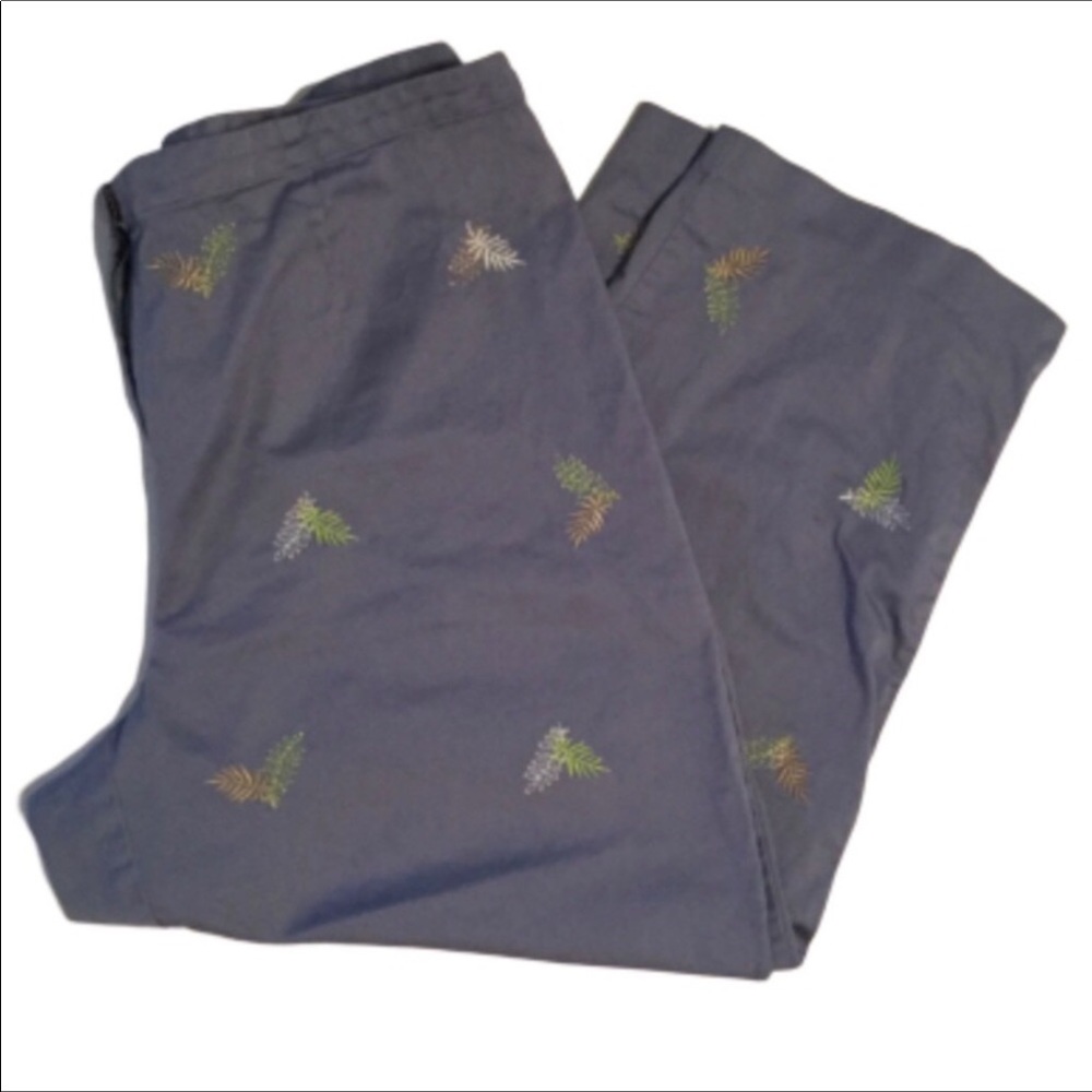 Hearts of Palm Blue Embroidered Leaf Print Capris 14